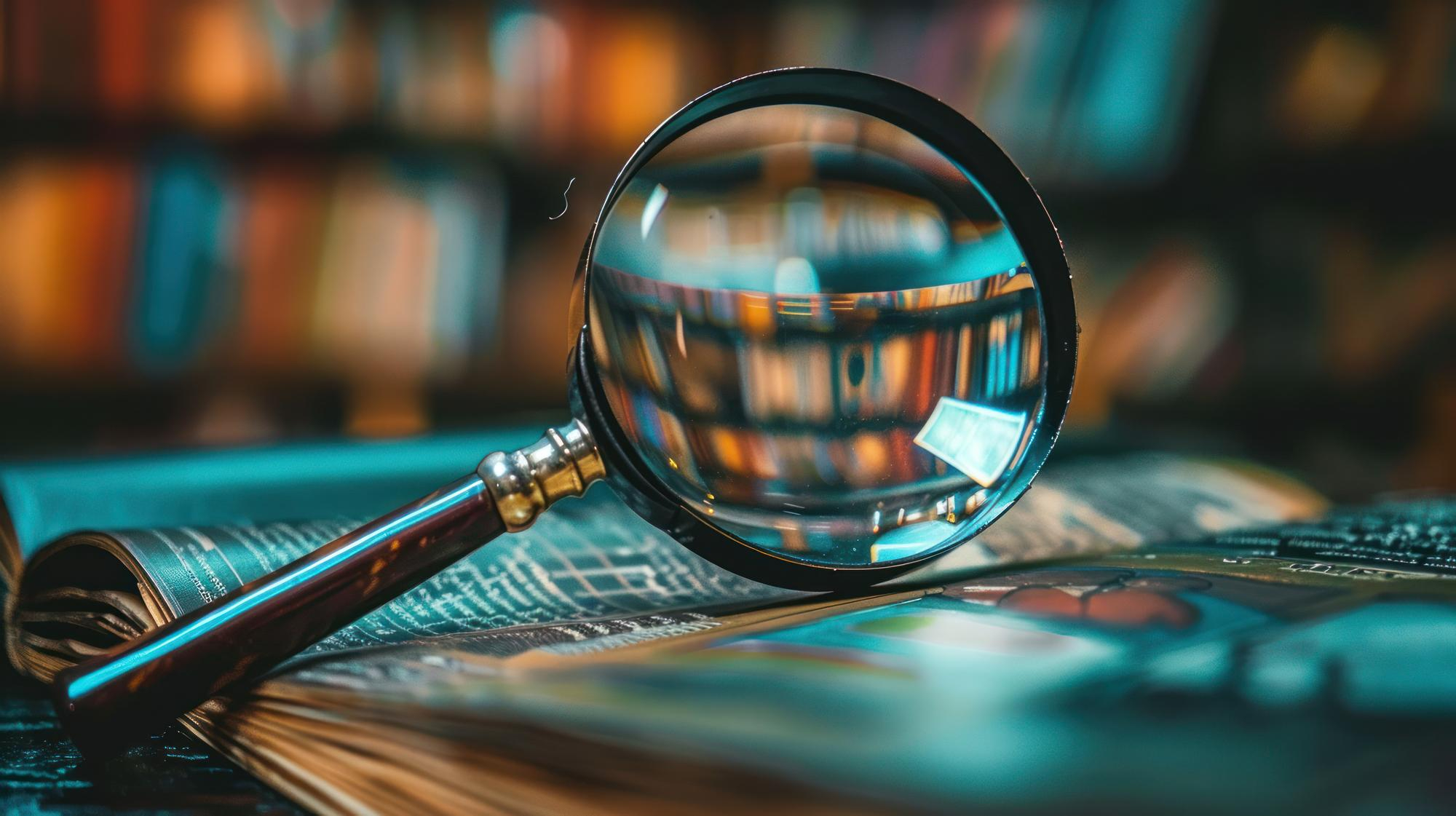 Illustrative image of a magnifying glass and books